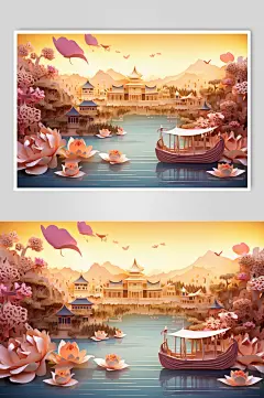 AI数字艺术中国风剪纸建筑场景插画-众图网