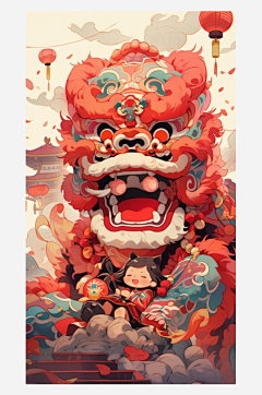数字艺术新年插画舞狮插画新年风俗插画手绘-众图网