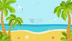 热带海滩夏季棕榈海平坦的海洋向量