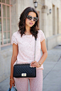 VIVALUXURY - FASHION BLOG BY ANNABELLE FLEUR: PALE PINK SPRING & SAINT LAURENT JANE SANDALS Saint Laurent Jane leather ankle strap sandals | Shoshanna Annalise top | GENETIC Denim Shane skinny jeans in Desire | ASOS flat top cat eye sunglasses | Chane