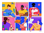 Characters collaboration remote neighbor window friends startup company business team mate woman girl boy uran man people character illustration