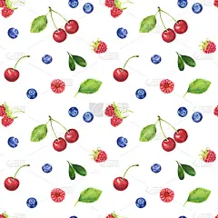 无缝模式与水彩树莓，蓝莓，樱桃和叶子孤立的白色背景。