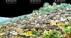 村落  - 源文件下载【酷图网】古村落,水彩古村,插图村落,插画古村,电脑画古村,