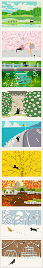 一只小黑猫，走过一年四季，春赏花，夏扑蝶，秋戏叶，冬弄雪。丨日本插画师Toshinori Mori