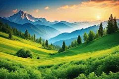 山峦晴空画作创作植物湖面美景湖水插画图片