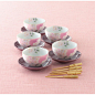 日本原装进口宇野千代和风樱花日式茶具/茶碗/水果叉5客礼盒套装