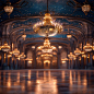 an empty ballroom with chandeliers and lights