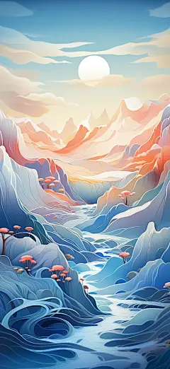 一幅山水3D水彩插图