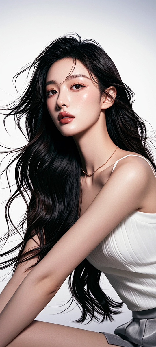 女，精致的五官，艺术感，皮肤白皙，顶级时尚杂志大片构图，光线跟踪，光影，层次感，立体感，最佳质量，前景虚化，8K，丰富的色彩，流体背景，全身 ...