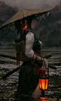 晚上 美女武士 斗笠 油灯 武士刀4k<font color='red'>手机壁纸</font>竖屏美女动漫