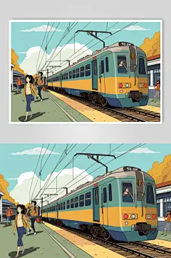 AI数字艺术春运旅客出行高铁站台插画