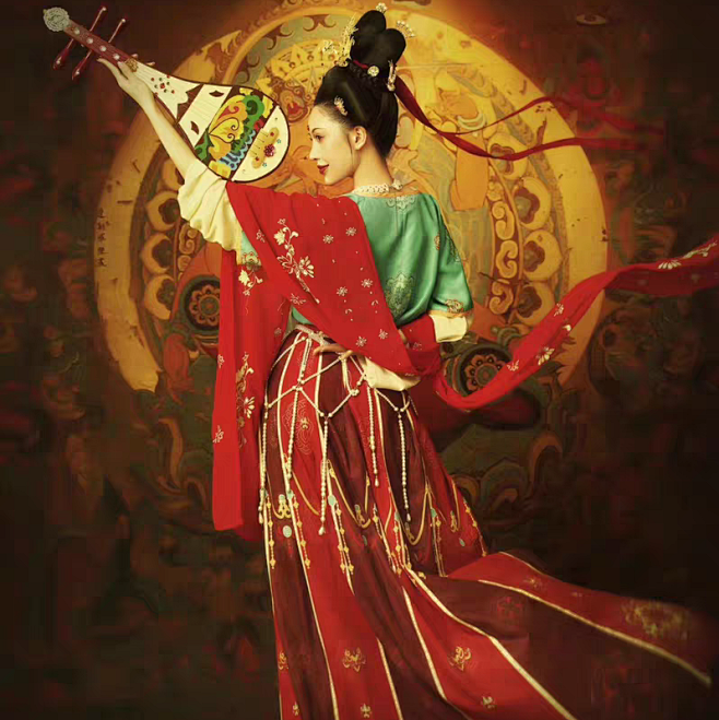 原创设计坦领半臂唐制女印花敦煌飞天洛神赋舞蹈演出白菜汉服套装淘宝