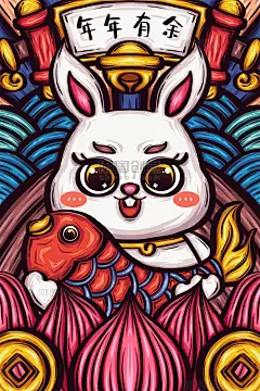 手绘插画国潮兔年新年春节年年有余鲤鱼莲花金币波浪