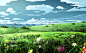 Anime 3840x2362 nature landscape flowers field clouds