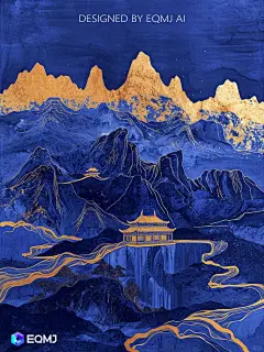 大美国风丨EQMJ AI绘制克莱因蓝金瀑布山水 - 小红书
