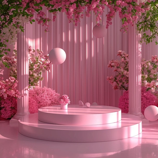Small Stage design, table top with pink and pink objects, pink ...