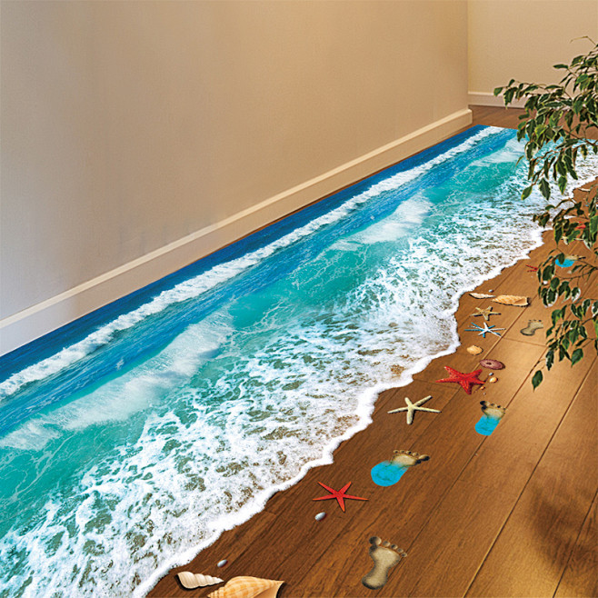 3D立体感墙贴纸沙滩海洋贴画浴室卫生间地...