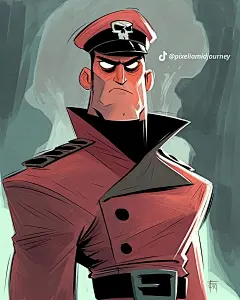 这可能包含：一名身穿红色制服的男子正用邪恶的表情看着镜头