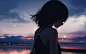 General 7000x4375 Nixeu digital art artwork illustration women landscape blurred clouds short hair dark hair bare shoulders moles sunrise side view sky sea coast