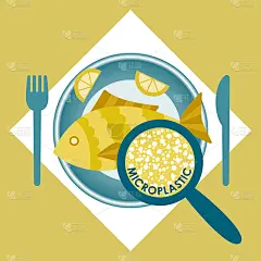 塑料污染，微塑料问题食品中的微塑料。生态的海报。用微塑料片将炸鱼放在黄色背景的盘子上。矢量鱼盘俯视图