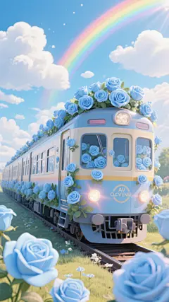 手绘蓝色花朵插画背景素材手绘列车