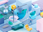 最新 Twitter 潮流三维渲染玻璃拟态社交平台LOGO场景高清背景素材 :  