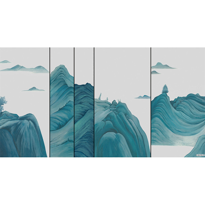 轻奢新中式风格壁画宣绒布山水背景墙蓝绿色...