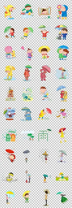 01313雨中玩耍的儿童手绘卡通可爱小孩子下雨天玩耍PNG素材免抠