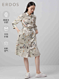 【桑蚕丝】ERDOS 春夏真丝材质印花设计单排扣长袖衬衫领连衣裙女-tmall.com天猫