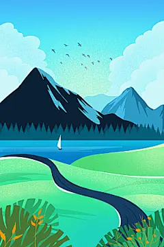扁平风手绘风景插画模版