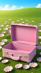 A-open-empty-pink-suitcase-on-the-wide-grass-surrounded-by-flowers--in-front-view--high-view--the-suitcase-is-empty-inside--with-sky-blue-background--in-the-cartoon-style--rendered-in-C4D--as-a-3D-sce