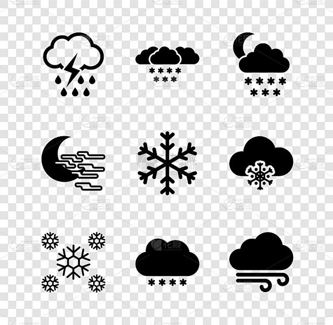 集云与雨和闪电，雪，月亮，雪，风天气图标。向量