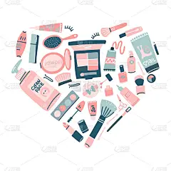 手绘化妆品套装。心形的专业化妆用品。矢量装饰插图在时尚的平面风格的网页设计或打印。