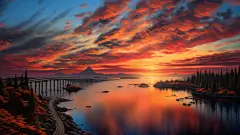 海上岛屿海边日出日落长城建筑风景素材