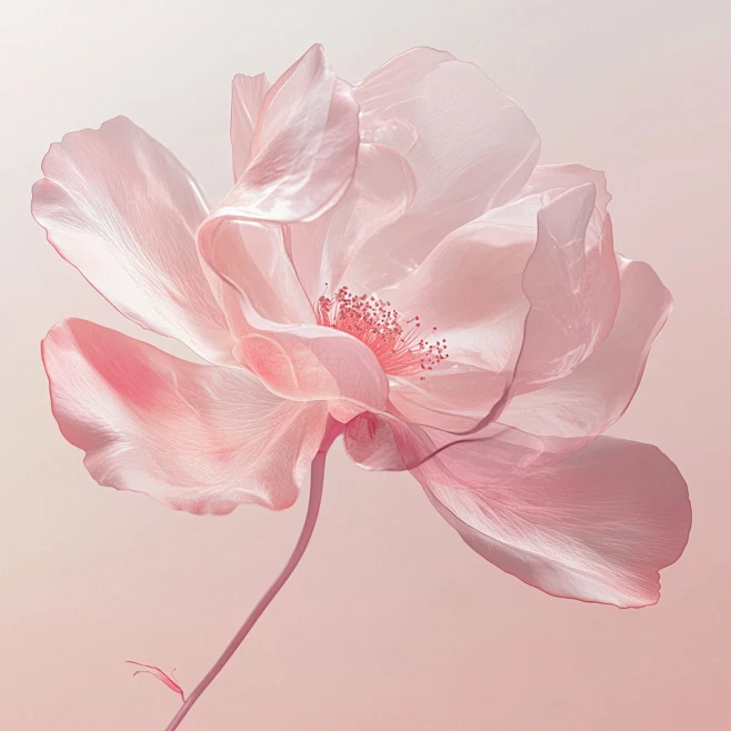 An elegant and dreamy rose floats on a light pink background, with ...