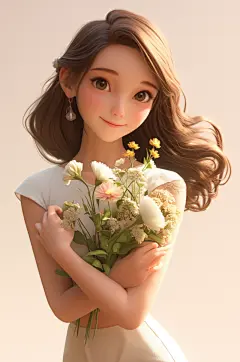 AI数字艺术春季捧花女孩人物模型-众图网