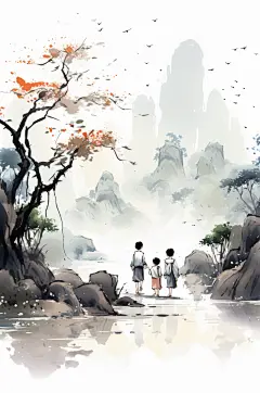 AI数字艺术中国风水墨古风教师节插画