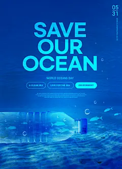 简约蓝色节约用水环保保护海洋生物海报