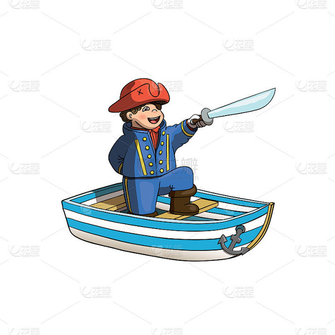 船上带着军刀和红海盗帽的海盗小孩。