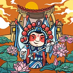 原创大头力茶餐厅周边联名产品——合桃酥粤剧主题插画