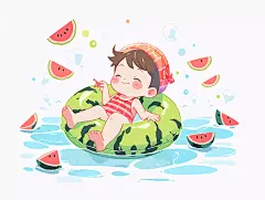 夏日处暑清凉唯美孩童飘在水面吃西瓜插画卡通插画清凉节