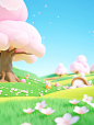 free doodlegrounds pt004 doodles and nature in blue green field fullscreen, in the style of rendered in unreal engine, cherry blossoms, plush doll art, 32k uhd, low poly, light pink and yellow, 3d