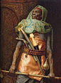 The Palace by Guard Ludwig Deutsch, (1900-02), oil on panel, Moorish warrior with battle standard, wearing a zirah (mail shirt), and Ottoman belt with carnelian stones with various Indo-Persian weapons tucked into the belt. Close up view. Ludwig Deutsch (
