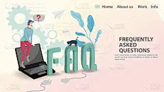 常见问题矢量插图登陆页模板的网页或应用程序坐在笔记本电脑旁边的大字母和插头