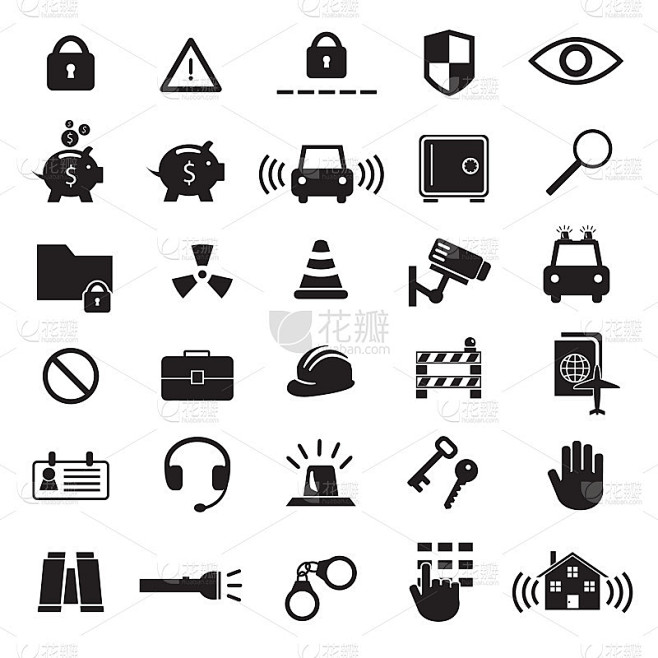 安防和安全矢量图标设置，安防摄像头、手铐、汽车报警器、钥匙等图标