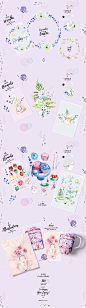 Lavender Easter. Watercolor Bundle. : This is spring's Easter watercolor bundle includes hand drawn floral, greenery, sweets and animals elements. Set contains postcards/invitations, patterns, individual elements, wreaths. It is perfect for kids stationer