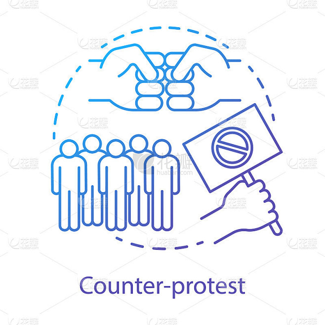 反抗议概念图标。公众示威，意见分歧表现观念细线例证。手握标语牌，拳头和人群矢量孤立轮廓图。政治集会
