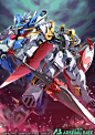 absurdres earthree_gundam embers floating green_eyes gun gundam gundam_arsenal_base gundam_build_divers gundam_build_divers_re:rise gundam_justice_knight highres holding holding_gun holding_polearm holding_shield holding_weapon lance looking_down mecha mo