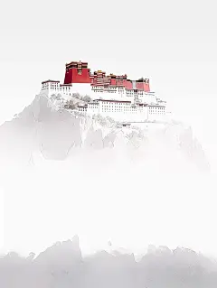 布达拉宫被白色浓雾包围，佛教禅宗平面插图海报