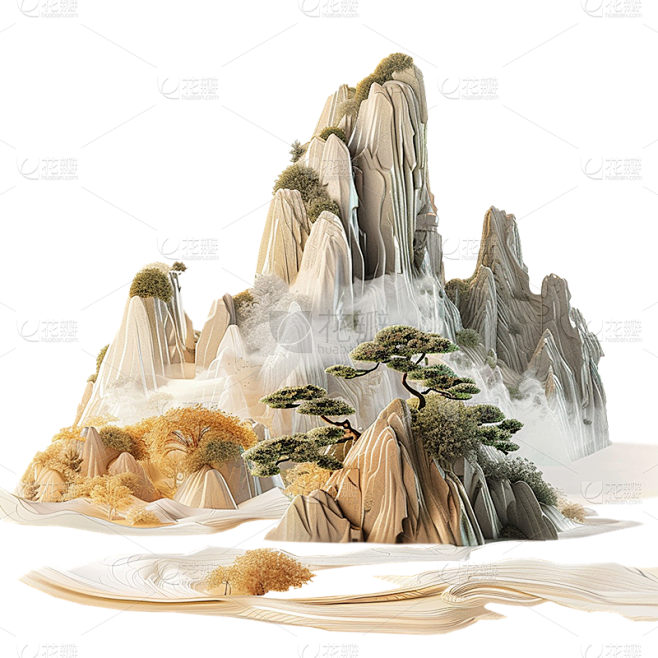 中国风通用立体山水场景组合元素素材